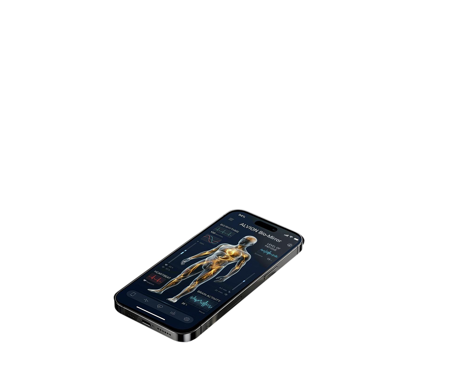 Alvion Bio-OS — app dashboard on iPhone